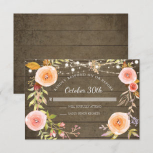 Invitación RSVP Luces Rústicas Brillantes Madera Botánica Flo