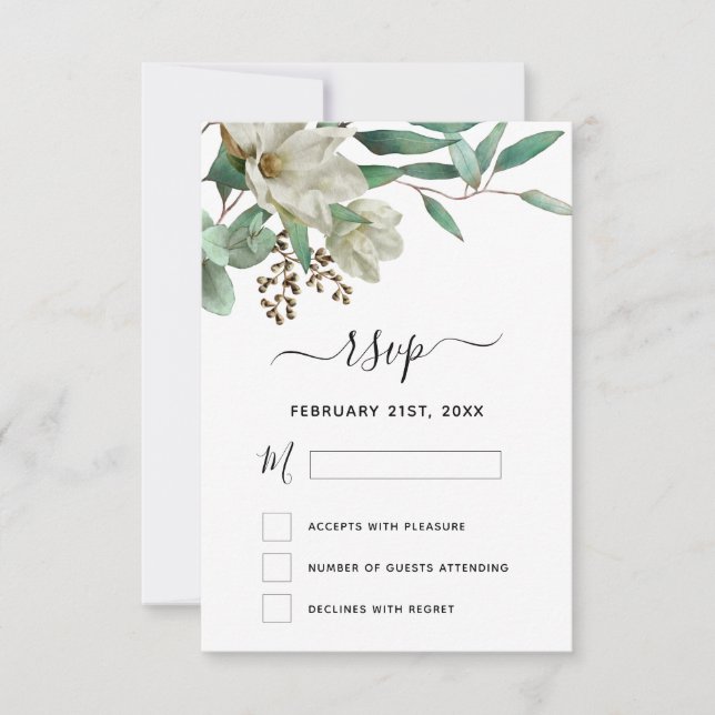 Invitación RSVP Magnolia Eucalyptus Watercolor Elegante (Anverso)