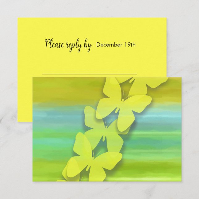 Invitación RSVP Mariposa Azul Verde Amarillo (Anverso / Reverso)