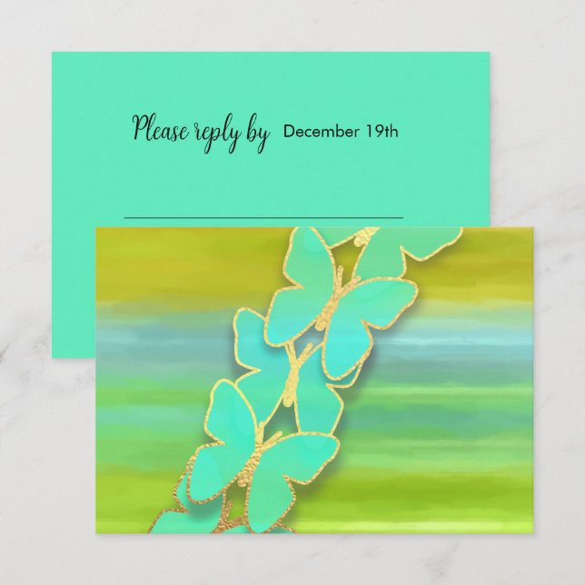 Invitación RSVP Mariposa Azul Verde Amarillo (Anverso / Reverso)