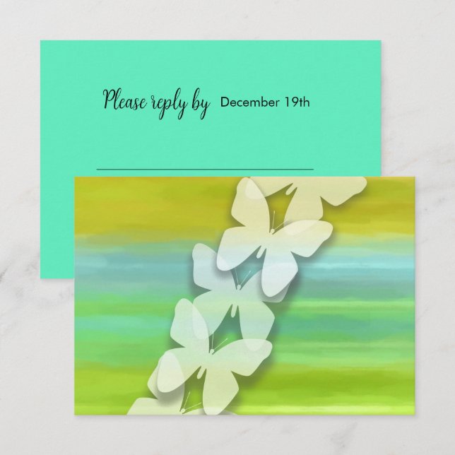 Invitación RSVP Mariposa Azul Verde Amarillo (Anverso / Reverso)
