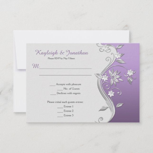 Invitación RSVP Menú de Flores Moradas y Plateadas Adornadas  (Anverso)