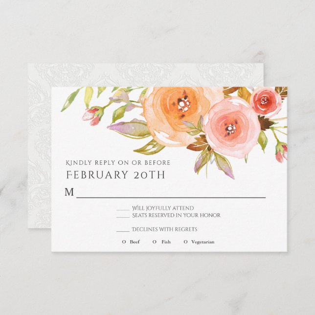 Invitación RSVP moderna acuarela Peach Floral Damask Wedding (Anverso / Reverso)