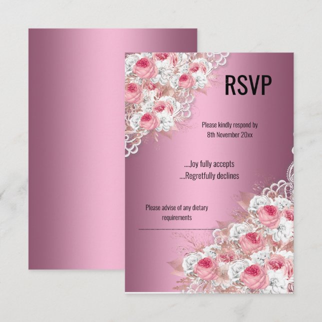 Invitación RSVP MODERNA ELEGANTE DE LACE floral rosa (Anverso / Reverso)