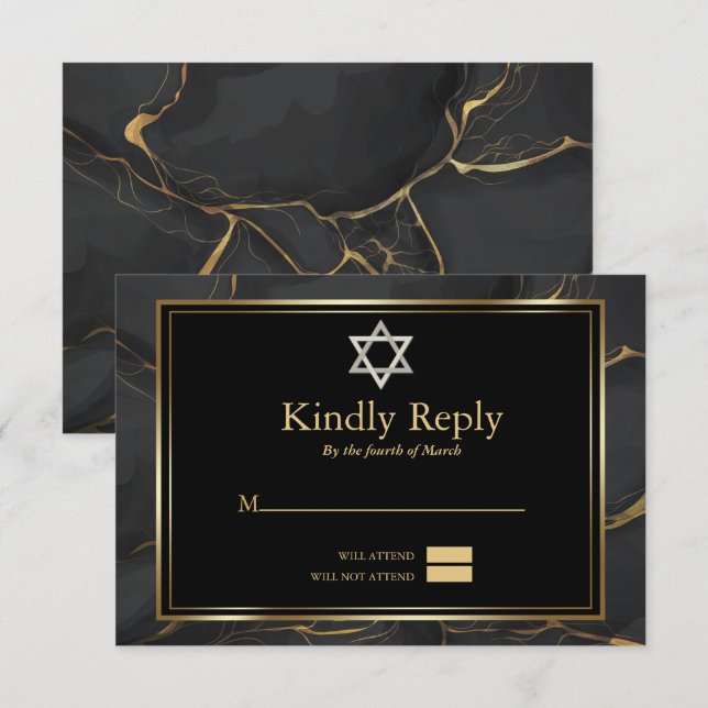 Invitación RSVP Moderno Black Gold Marble Bar Mitzvah (Anverso / Reverso)