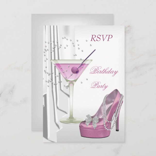 Invitación RSVP Nacimiento Partido Blanco Rosa Martini Zapato (Anverso / Reverso)