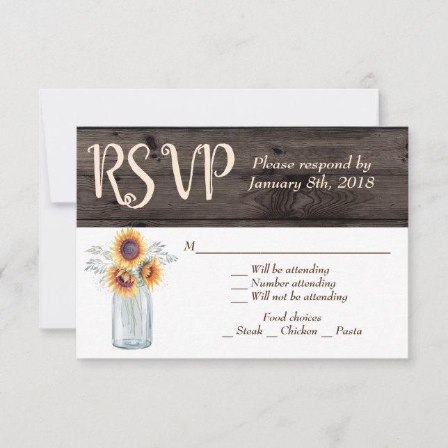 Invitación RSVP, país de la madera de Mason Jar, girasol ruso (Anverso)