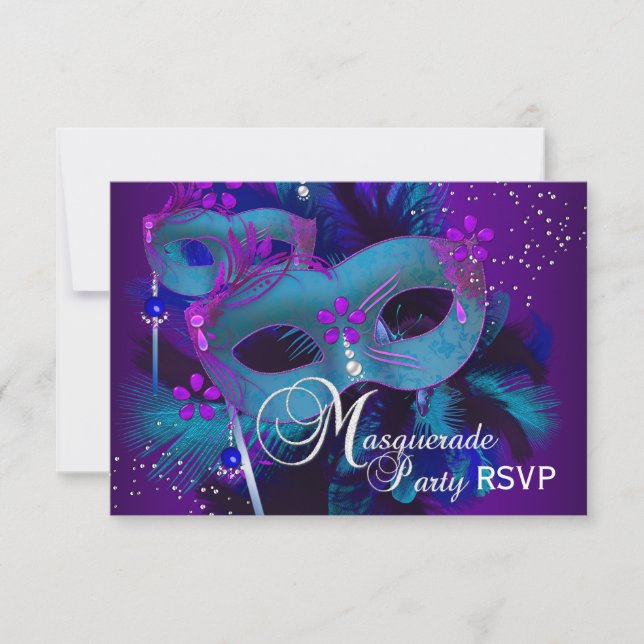 Invitación RSVP para la fiesta de máscaras de disfraz de colo (Anverso)