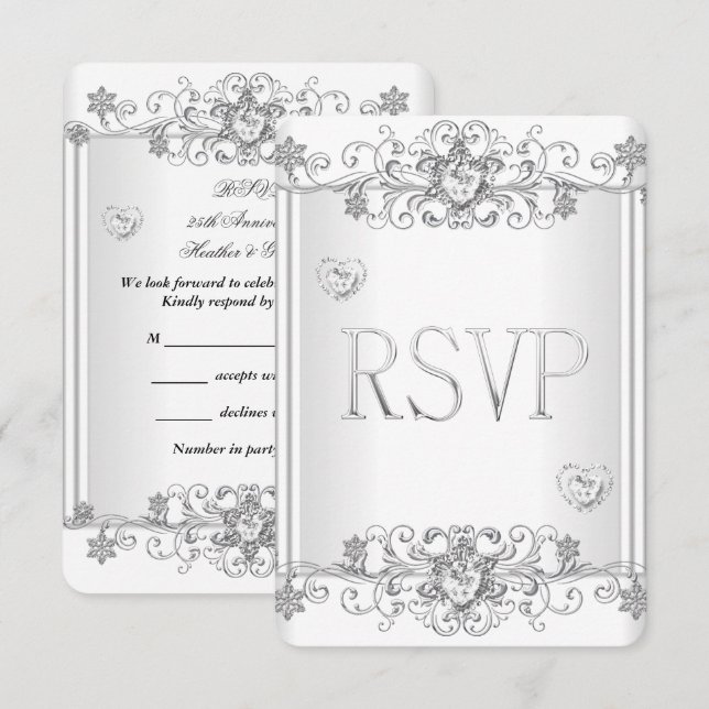 Invitación RSVP Plata Blanco Corazones de Diamante 2 (Anverso / Reverso)