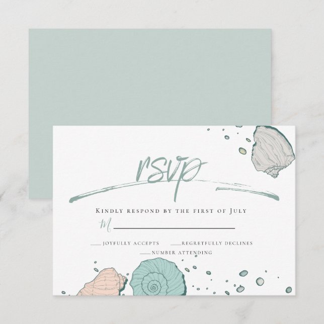 Invitación RSVP | Playa Casual Castillos Coral y Verde azulad (Anverso / Reverso)