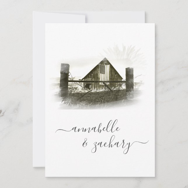 Invitación *~* RSVP QR Barn Bandera Americana AR19 Boda  (Anverso)