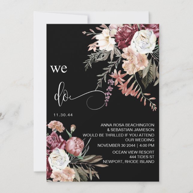 Invitación *~* RSVP QR Floral MERLOT Rosa Peony AR15 BODA (Anverso)