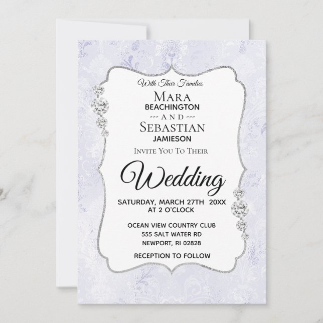 Invitación *~* RSVP + QR + FOTO Diamante Damask Wedding (Anverso)