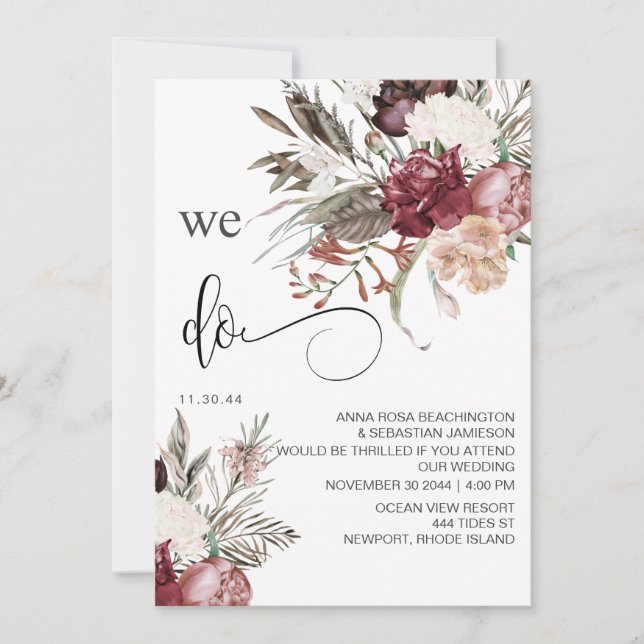 Invitación *~* RSVP QR Rosa Floral Borgoña AR15 BODA (Anverso)