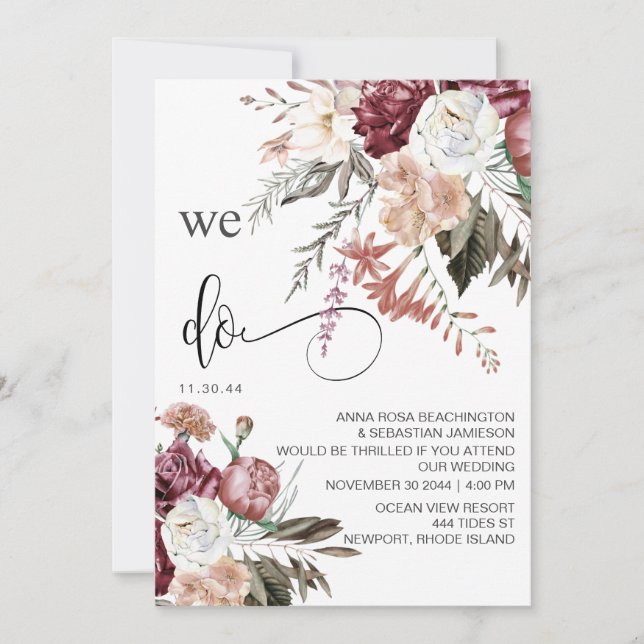 Invitación *~* RSVP QR Rosa Floral MERLOT BODA AR15 (Anverso)