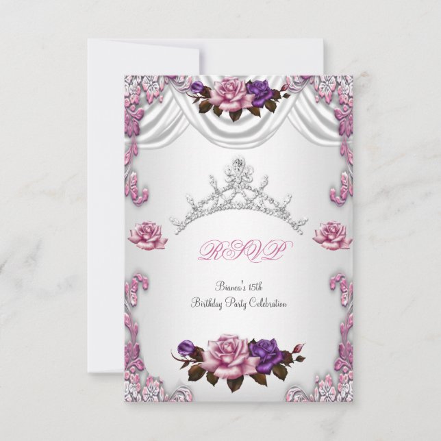 Invitación RSVP Quinceanera 15 15th White Pink Roses Tiara (Anverso)