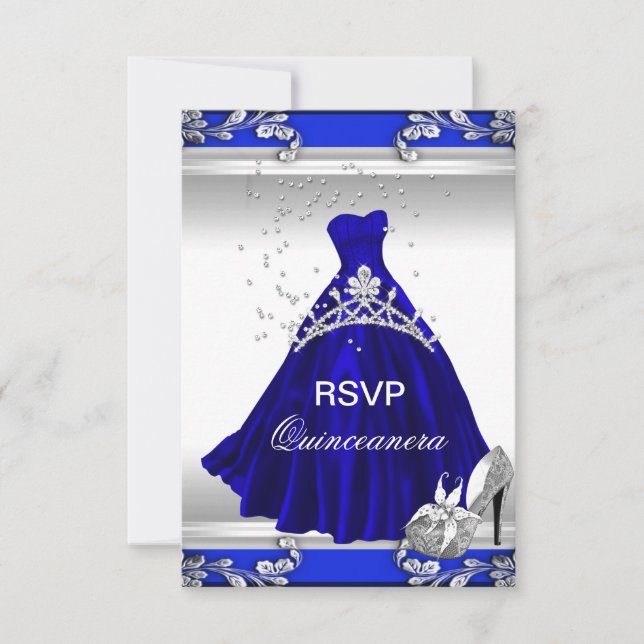 Invitación RSVP Quinceanera 15 cumpleaños Vestido azul real (Anverso)