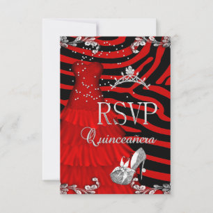 Invitación RSVP Quinceanera 15th Zebra Rojo Vestido zapato