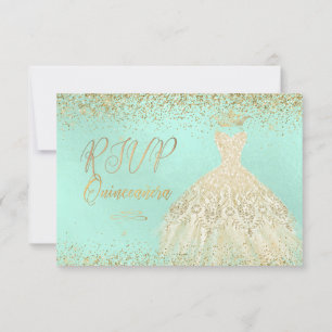 Invitación RSVP Quinceañera , vestido Purpurinas, oro falso+m