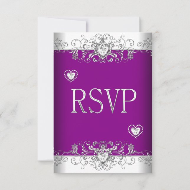 Invitación RSVP Rosa Ciruela Boda Corazones de Diamante Blanc (Anverso)