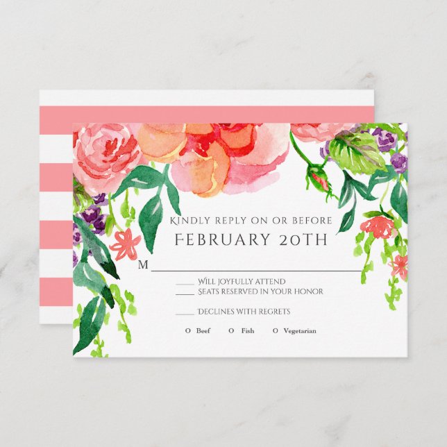 Invitación RSVP Rosa de acuarela moderna Boda de rayas floral (Anverso / Reverso)