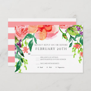 Invitación RSVP Rosa de acuarela moderna Boda de rayas floral
