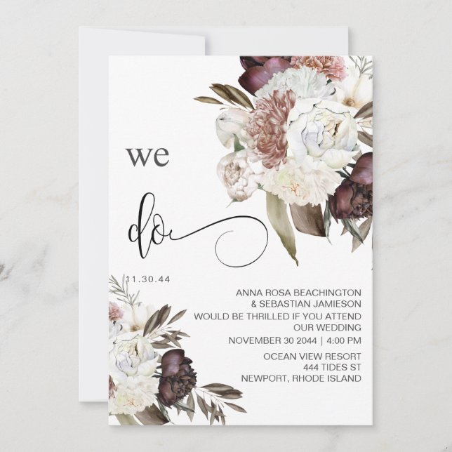 Invitación * RSVP Rosa de Borgoña Floral AR15 BODA QR (Anverso)