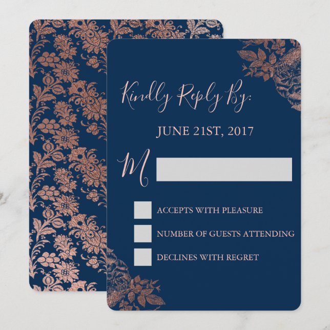 Invitación RSVP - Rosa Dorado y Floral Azul Marino (Anverso / Reverso)