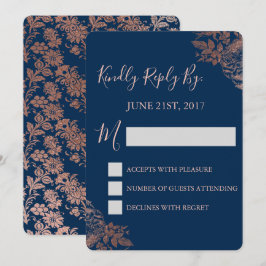 Invitación RSVP - Rosa Dorado y Floral Azul Marino