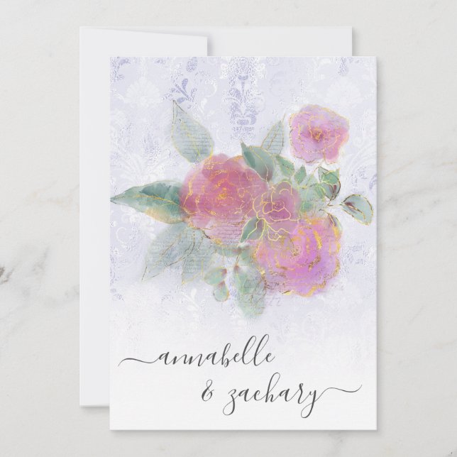 Invitación *~* RSVP - Rosa floral QR Damask Gold AR12 Boda (Anverso)