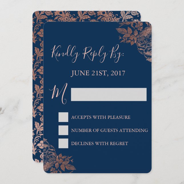 Invitación RSVP - Rosa Oro Rosa y Azul Marino Floral (Anverso / Reverso)