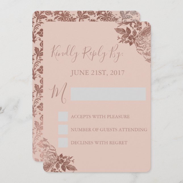 Invitación RSVP - Rosa oro y rosa claro floral (Anverso / Reverso)