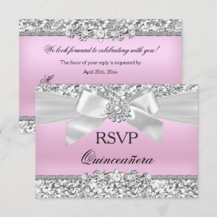Invitación RSVP Rosa Plateado Brillo Joya Lazo Quinceañera