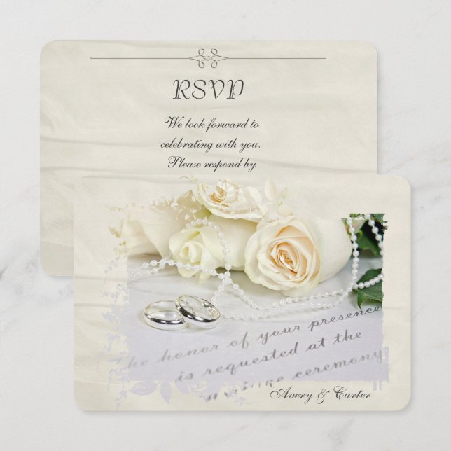 Invitación RSVP rosas blancas y anillos (Anverso / Reverso)