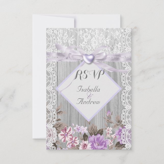 Invitación RSVP Rústica Madera Floral Boda Lavender Lace (Anverso)