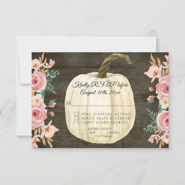 Invitación RSVP Rústico Rosado Flores Blancas Calabaza Madera (Anverso)