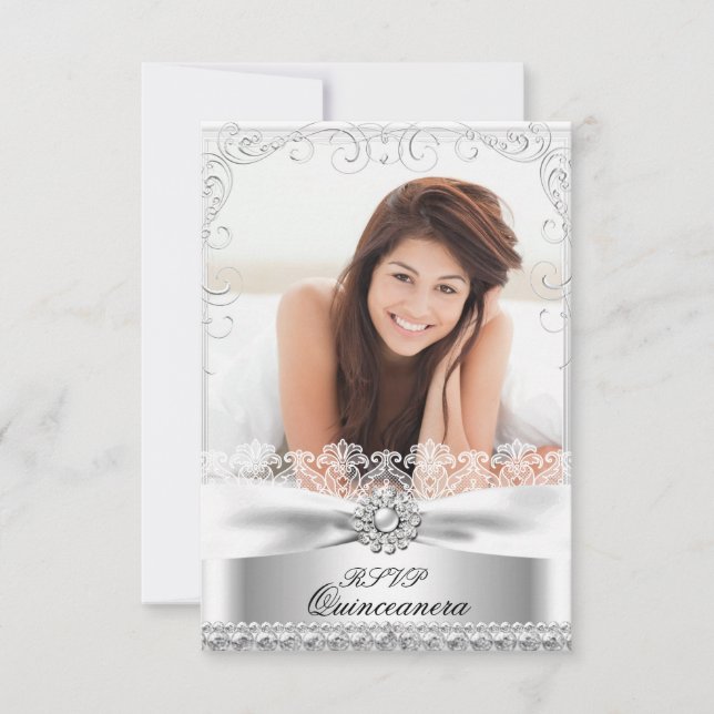Invitación RSVP Silver Bow y Encaje Cumpleaños Quinceañera (Anverso)