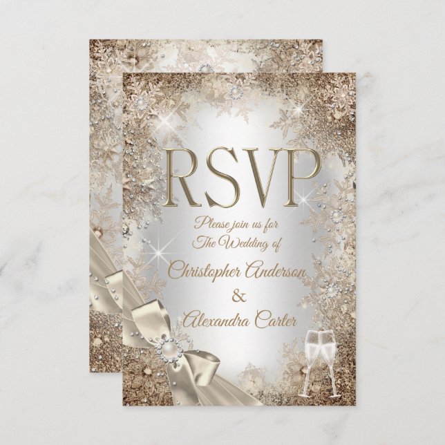 Invitación RSVP Silver Cream Beige Pearl Bow Snowflake 2 (Anverso / Reverso)