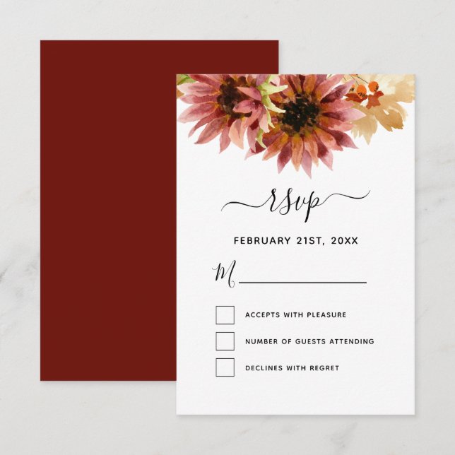Invitación RSVP Sunflower Borgoña Boda de campo (Anverso / Reverso)
