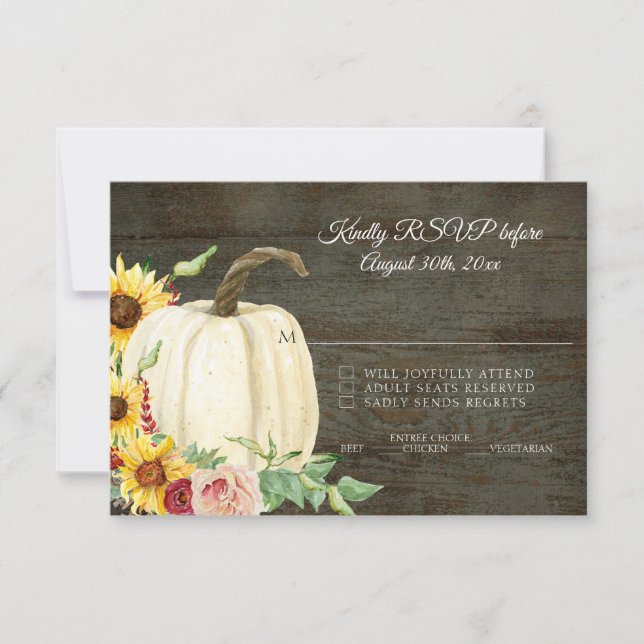 Invitación RSVP Sunflower n Pumpkin Red Burgundy Madera Oscur (Anverso)