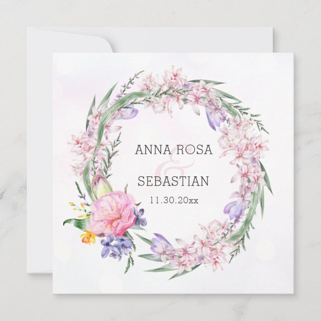 Invitación *~* RSVP Sweet Boho Floral Wreath QR AR12 Boda (Anverso)