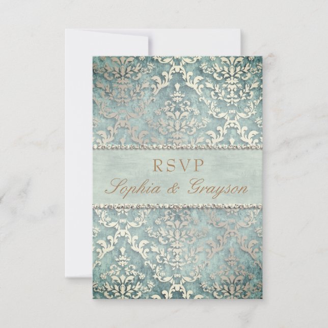 Invitación RSVP Verde Salvia Brillo Damask Boda (Anverso)
