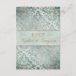 Invitación RSVP Verde Salvia Brillo Damask Boda