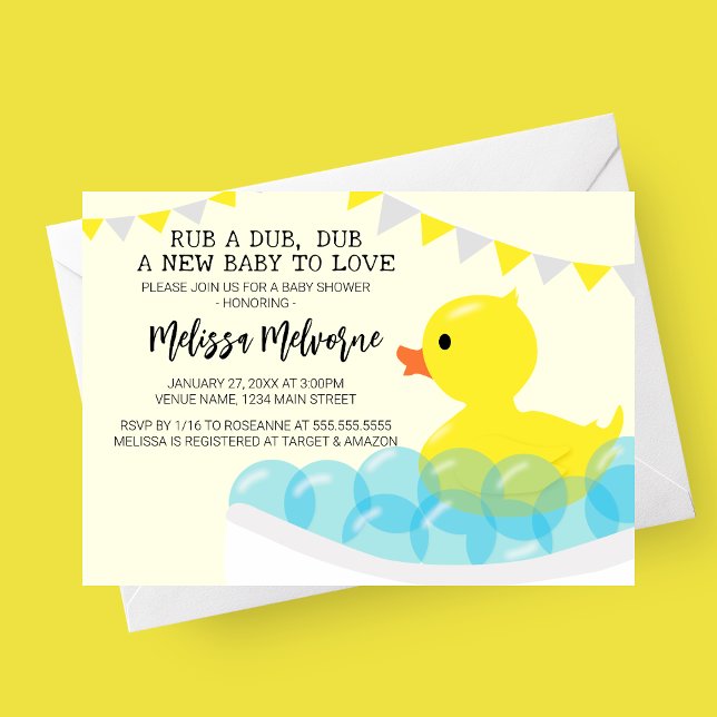 Invitación Rub A Dub, Baby Shower Rubber Ducky (Rub A Dub Dub Plastic Duck Baby Shower Invitation with grey and yellow banner. )