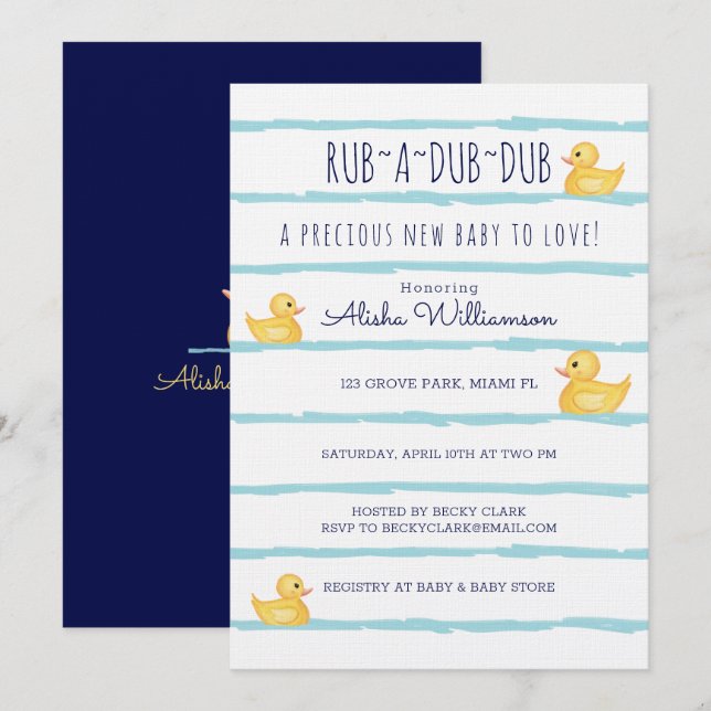Invitación Rub-A-Dub Dub Cute Yellow Rubber Ducky Baby Shower (Anverso / Reverso)