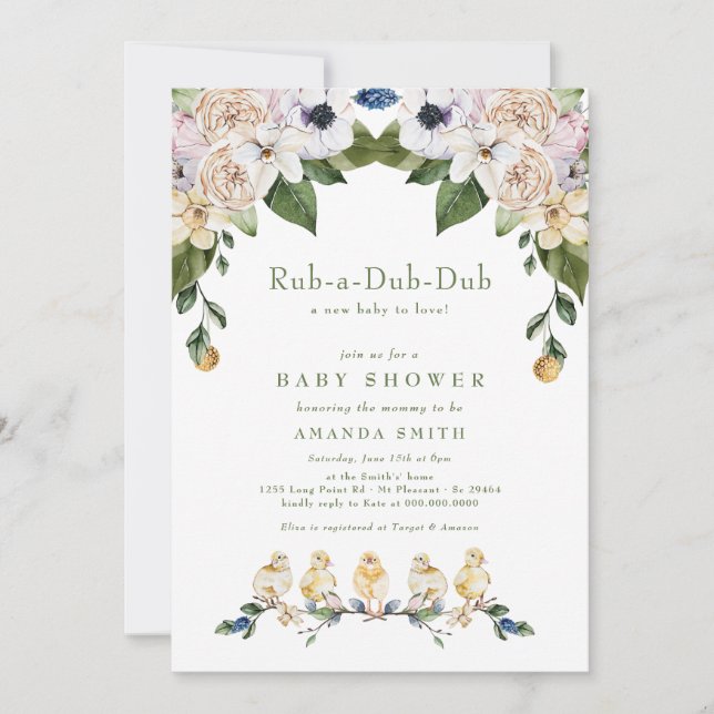 Invitación Rub-A-Dub Yellow Duck Floral Baby Shower (Anverso)