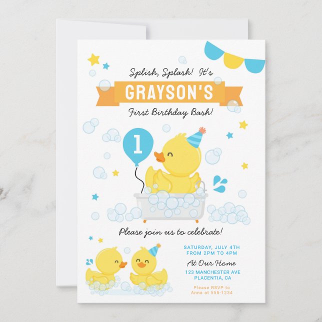 Invitación Rubber Duck Primera fiesta de cumpleaños Blue Yell (Anverso)