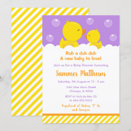 Invitación Rubber Ducky Baby Shower amarillo y morado