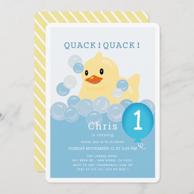 Invitación Rubber Ducky Blue Boy primer cumpleaños (Anverso / Reverso)
