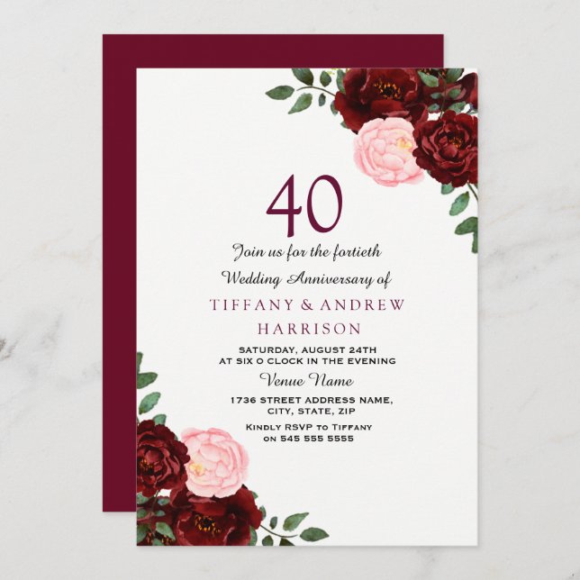 Invitación Rubí Floral Bodas de Rubí 40 Aniversario de Boda (Anverso / Reverso)